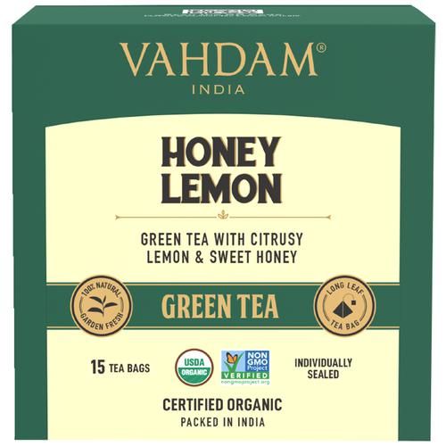 Vahdam  Organic Honey Lemon Green Tea Bags - Refreshing Vitamin C Infused Tea,  30 g (15 Pyramid Bags x 2 g each) -1.webp